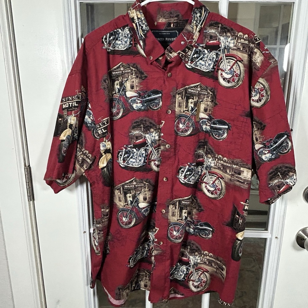 North River Vintage Motorcycle Allover Print Button Down Shirt Red XXL Biker